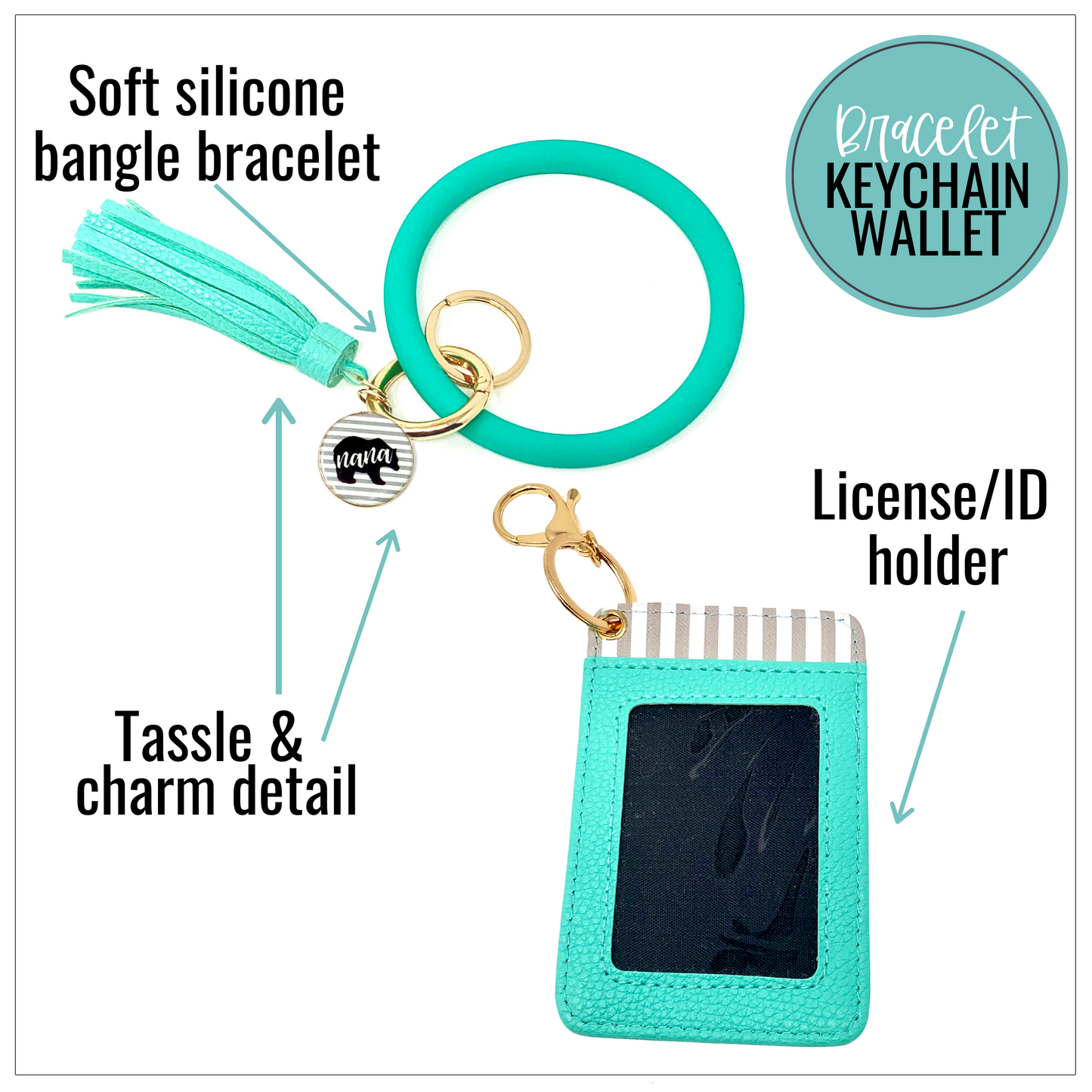 Nana Bear Teal Silicone Bracelet Keychain Wallet for Grandmothers