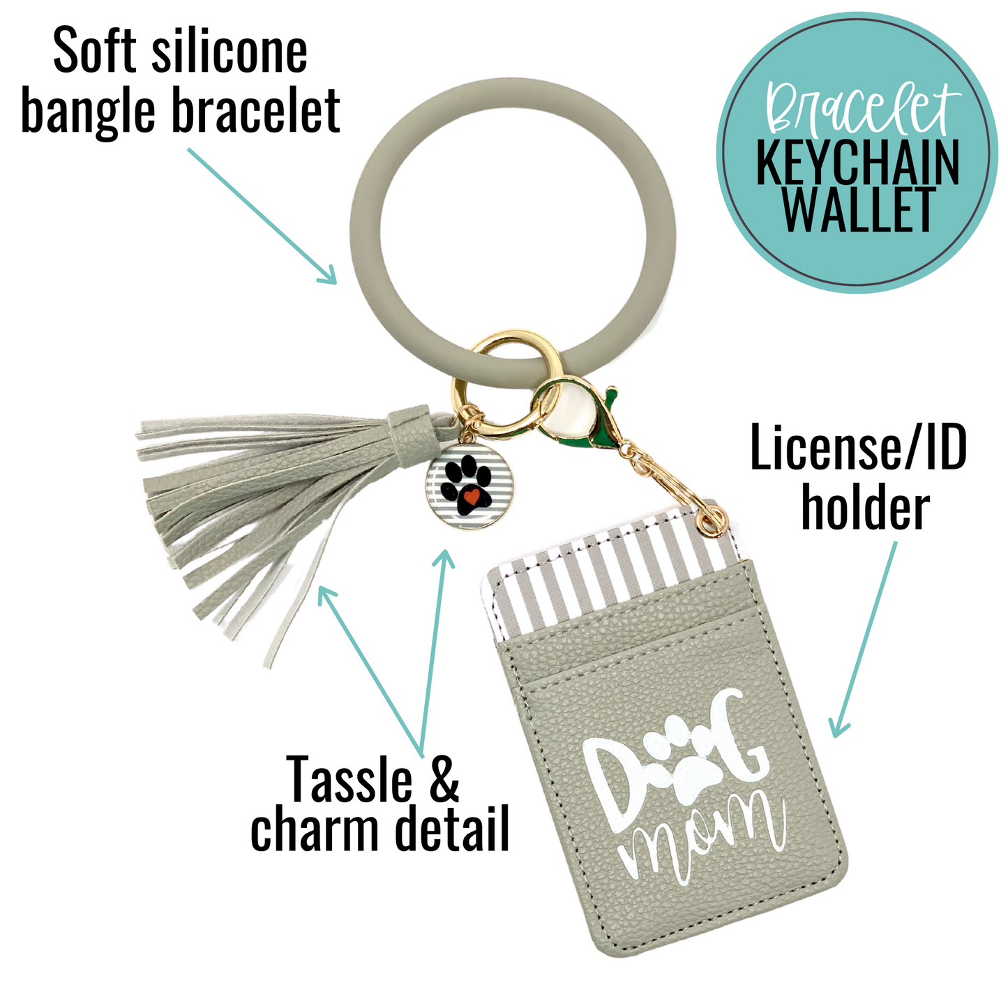 Dog Mom Gray Silicone Bracelet Keychain Wallet for Dog Lovers