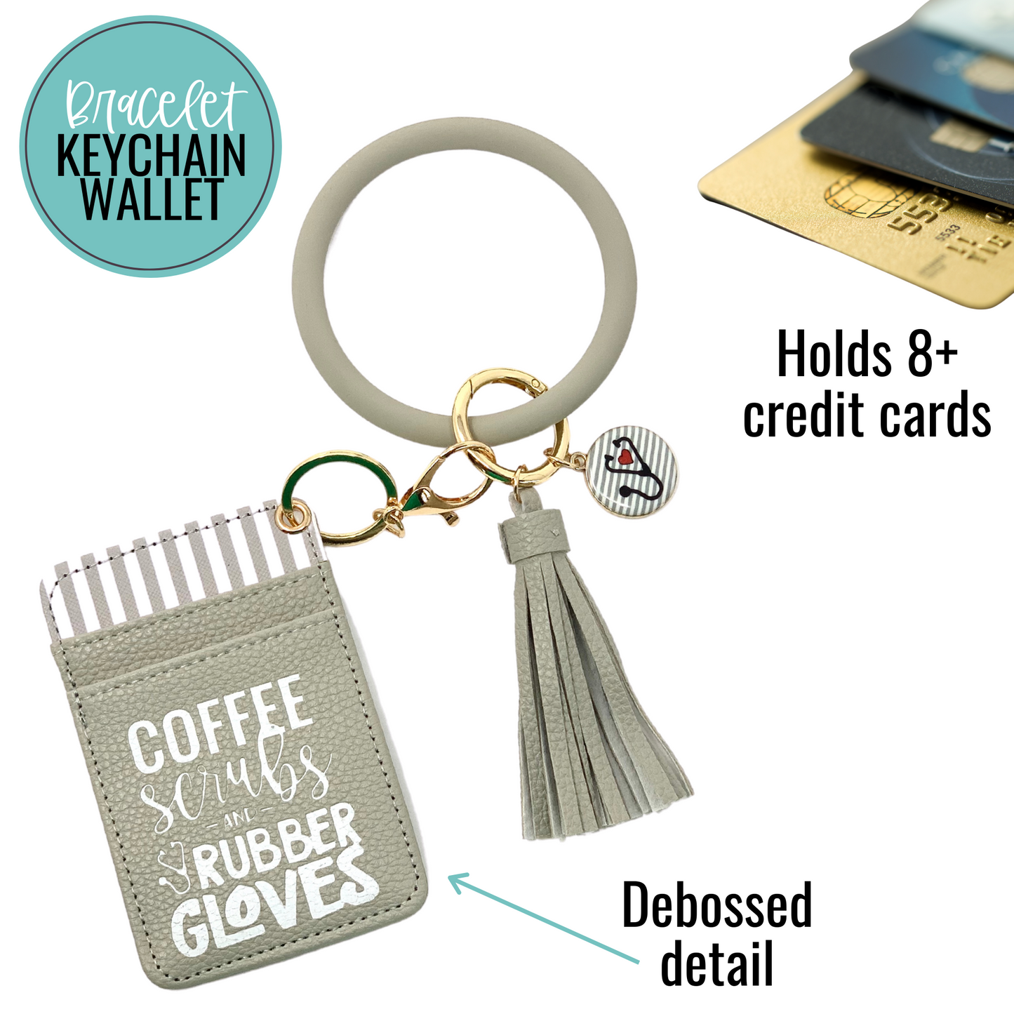 Coffee Scrubs & Rubber Gloves Gray Silicone Bracelet Wallet Keychain for Medical Workers
