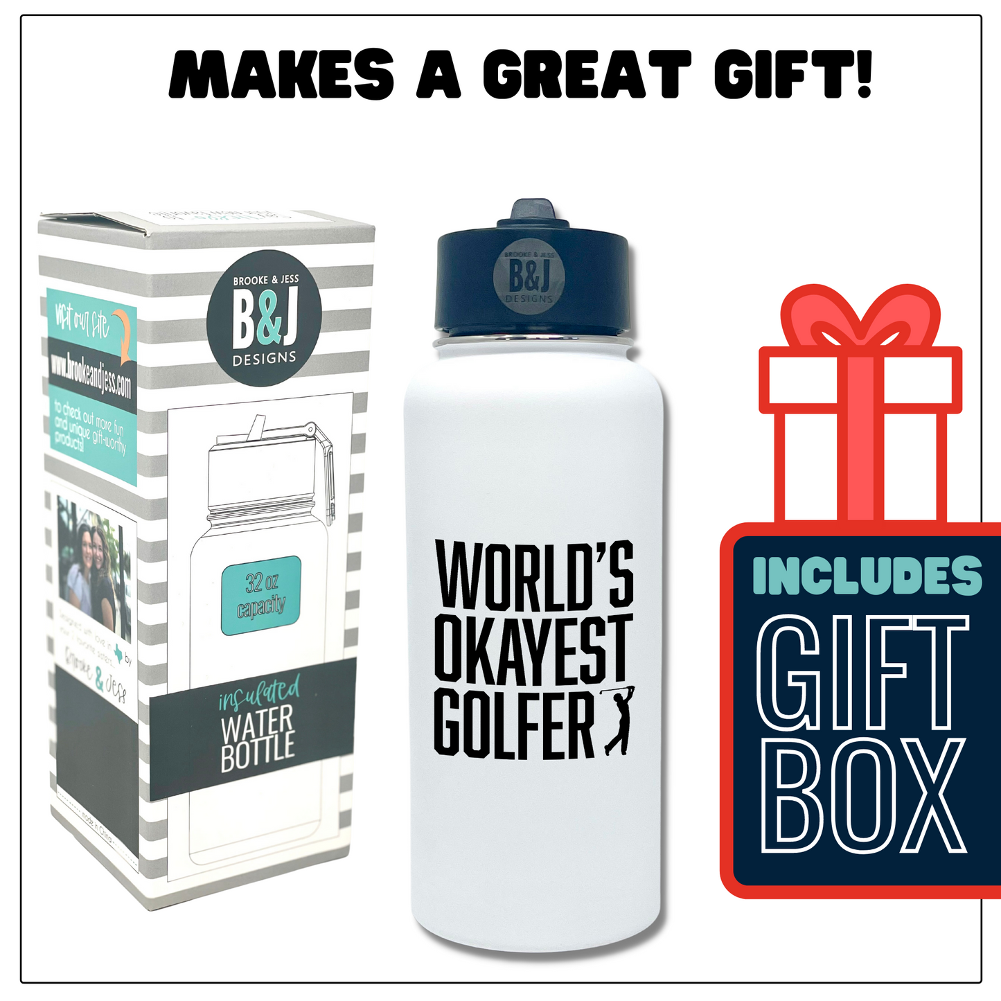 World's Okayest Golfer White 32 oz Water Bottle for Golfers