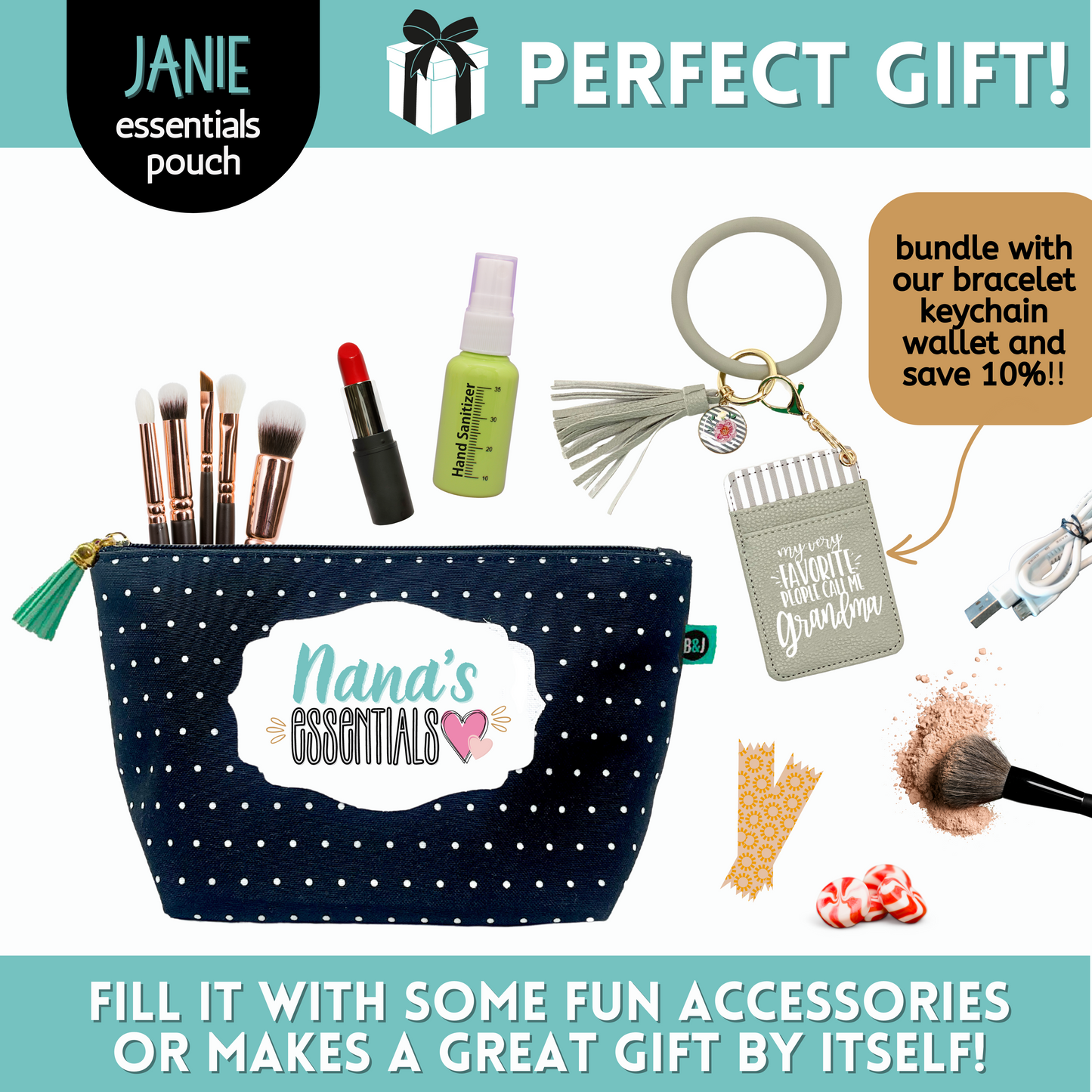 Nana's Essentials Janie Pouch Gifts for Women Dotted Makeup Bags Cosmetic Bag Travel Toiletry Makeup Pouch Pencil Bag with Zipper Best Nana Birthday Just Because Gifts