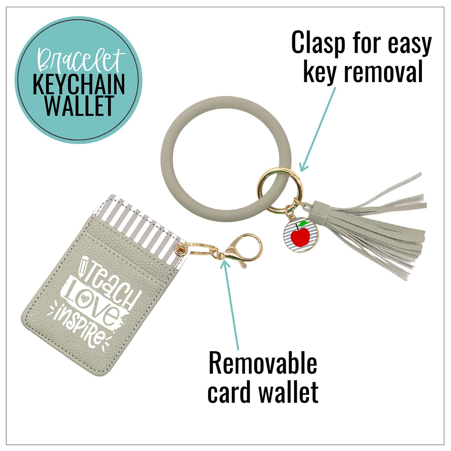 Teach Love Gray Silicone Bracelet Keychain Wallet for Teachers