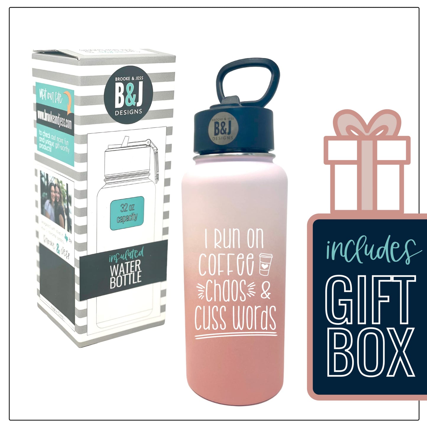 I Run on Coffee, Chaos and Cuss Word 32 oz Rose Gold Water Bottle for Bosses