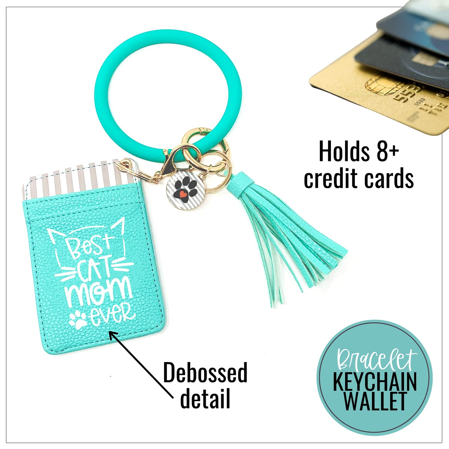 Best Cat Mom Ever Teal Silicone Bracelet Keychain Wallet for Cat Lovers