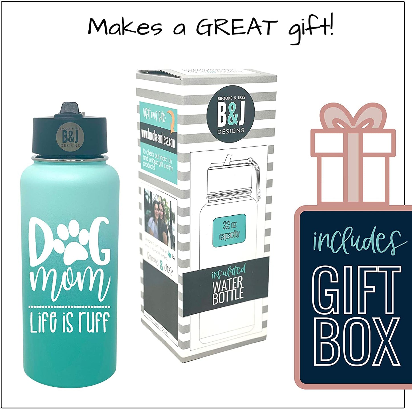 Dog Mom Gifts - Cute Insulated Water Bottle for Women, Dog Lovers - Double Walled Vacuum Sealed Stainless Steel 32 oz Tumbler (Teal Fade)