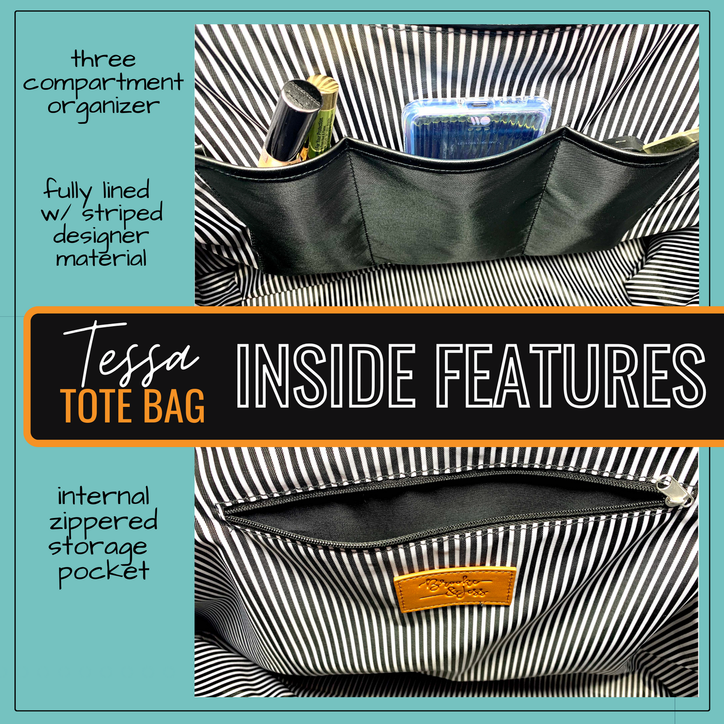 Custom-designed or personalized Brooke & Jess Designs Functional and Durable Tessa Work Bag Tote Bag with zipper and interior pockets