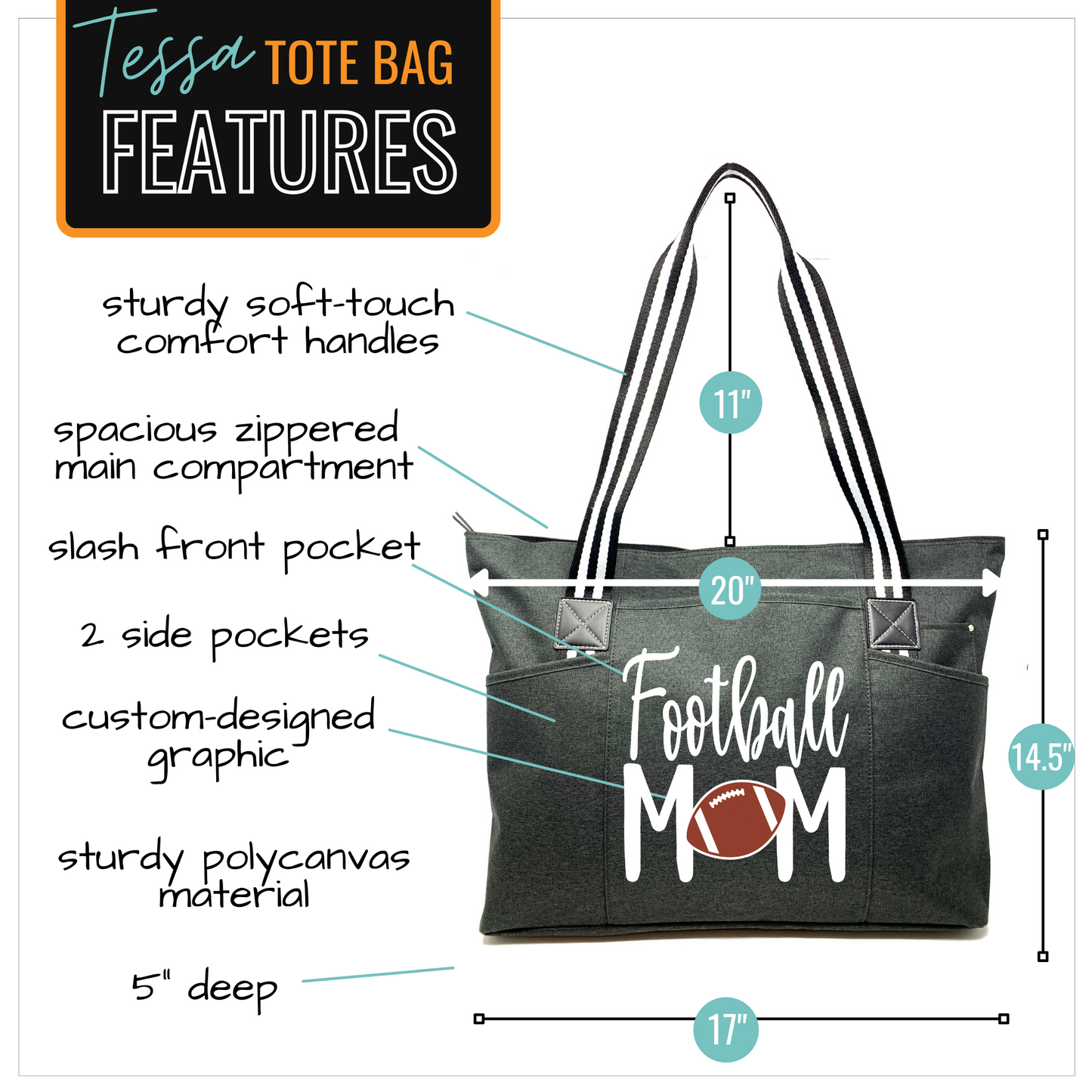 Football Mom Tessa Black Tote Bag for Moms