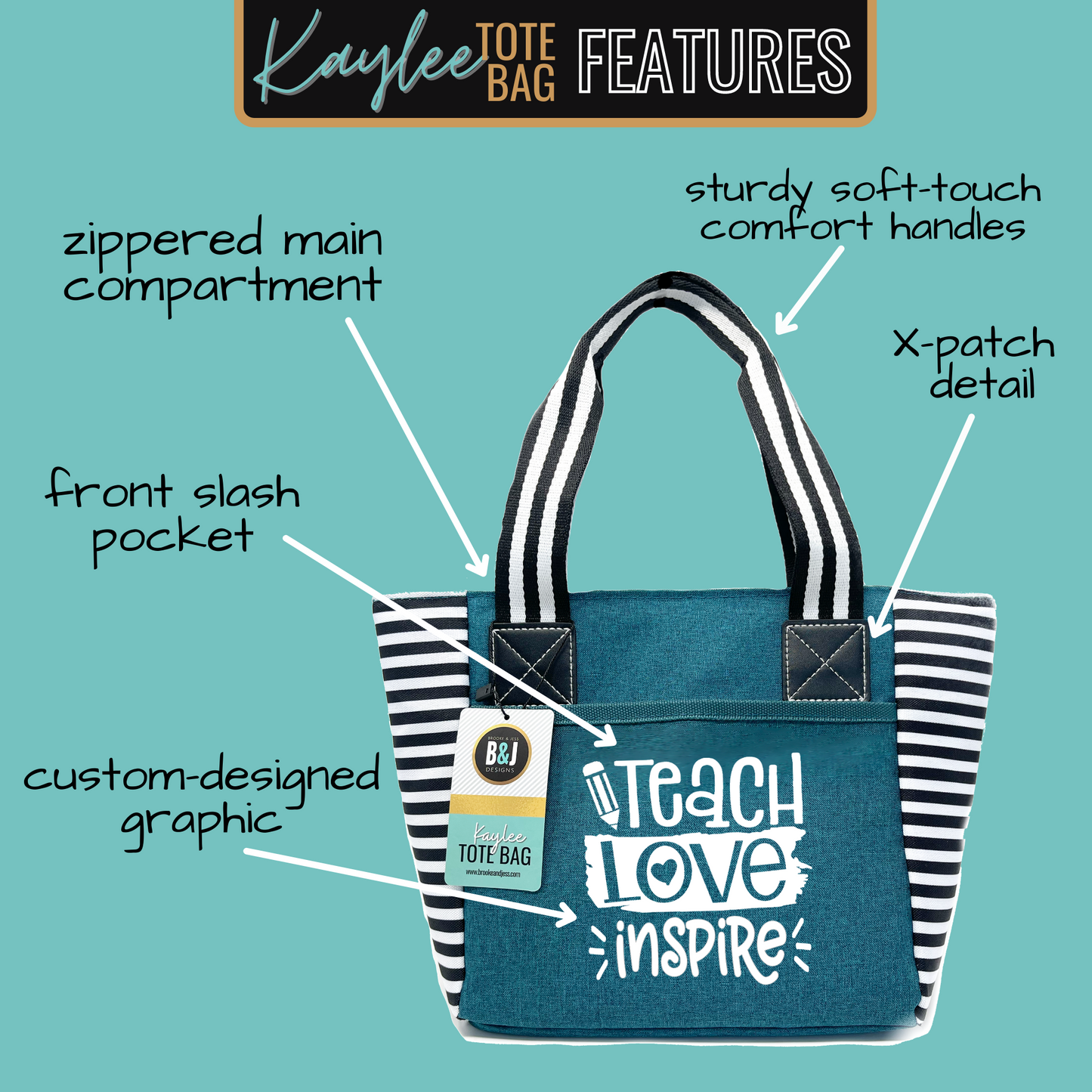 Teach Love Kaylee Teal Tote Bag for Teachers