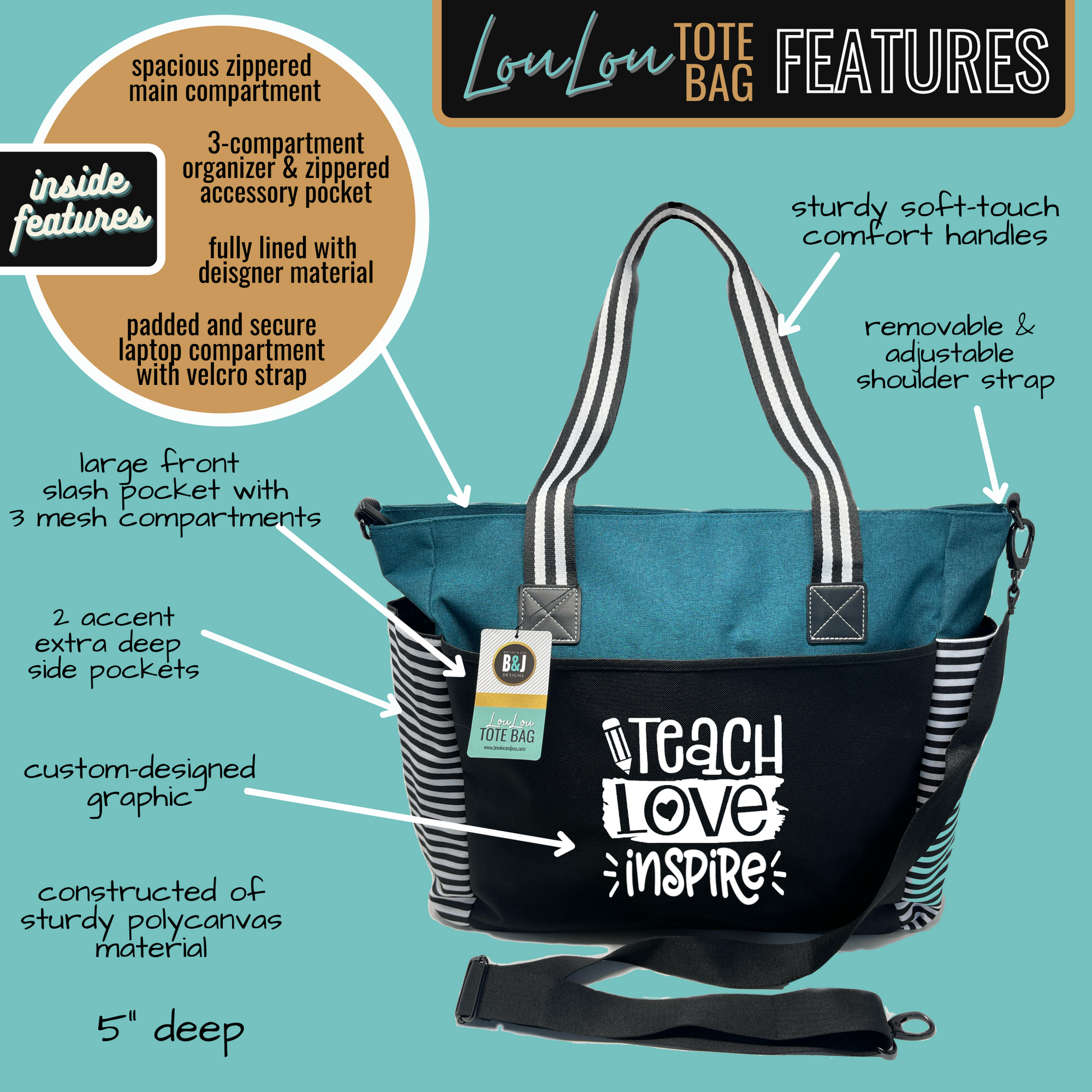 Teach Love Inspire LouLou Teal Tote Bag for Teachers Brooke