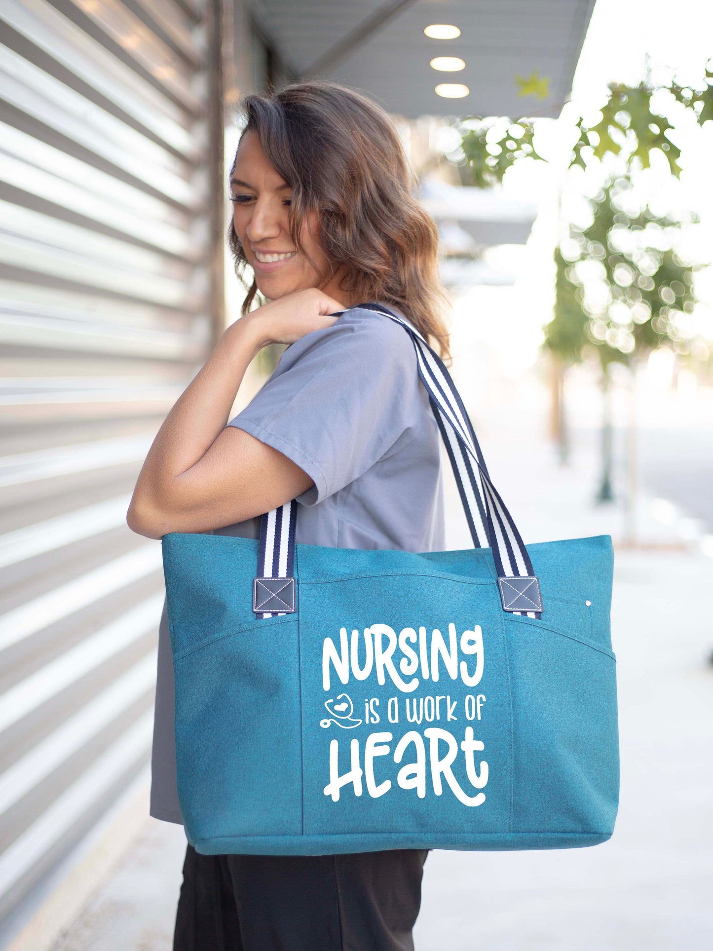 Nursing is a Work of Heart Tessa Teal Tote Bag For Nurses