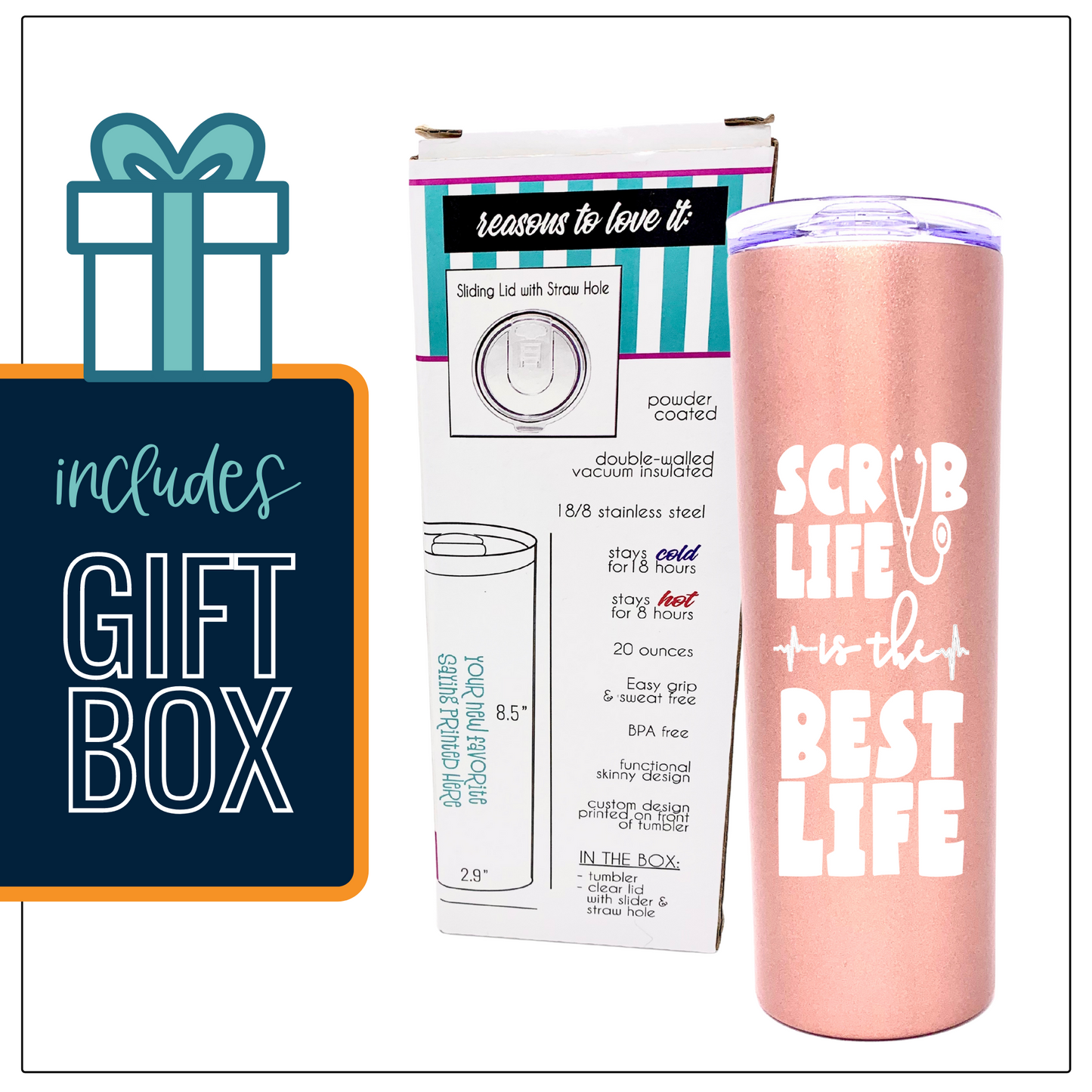 Scrub Life is the Best Life 20 oz Rose Gold Skinny Tumbler for Medical Workers