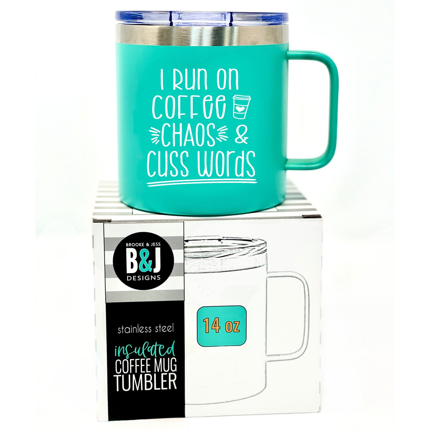 I Run on Chaos, Coffee, Cuss Words 14 oz Teal Camper Tumbler for Bosses