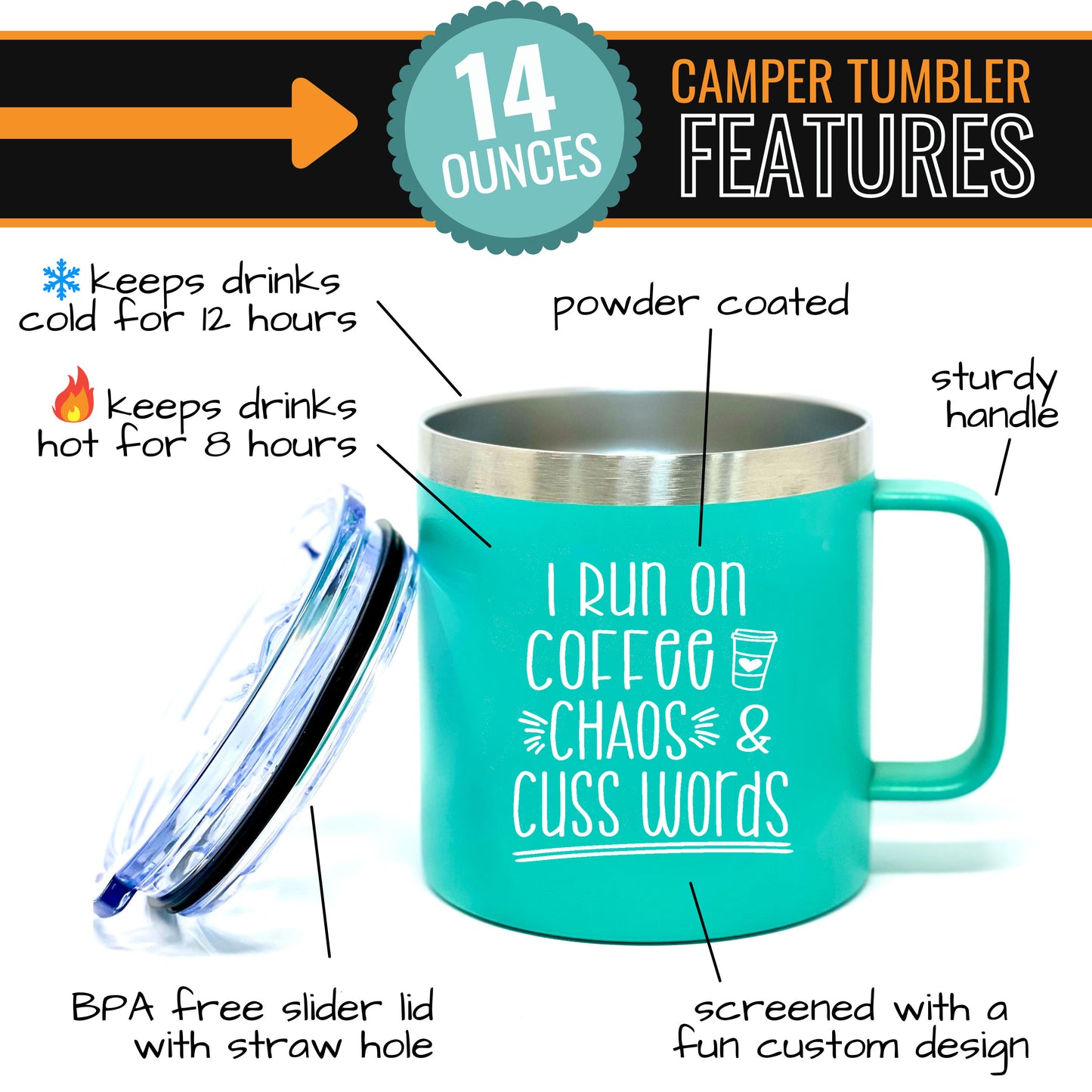 I Run on Chaos, Coffee, Cuss Words 14 oz Teal Camper Tumbler for Bosses