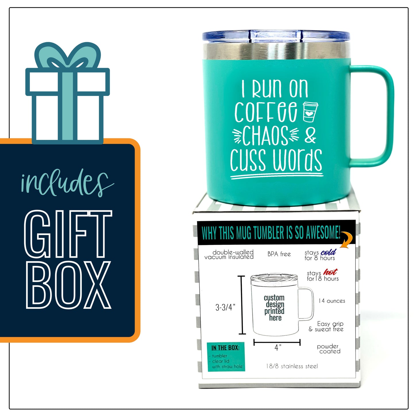 I Run on Chaos, Coffee, Cuss Words 14 oz Teal Camper Tumbler for Bosses