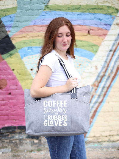 Coffee Scrubs and Rubber Gloves Tessa Gray Tote Bag  for Medical Workers