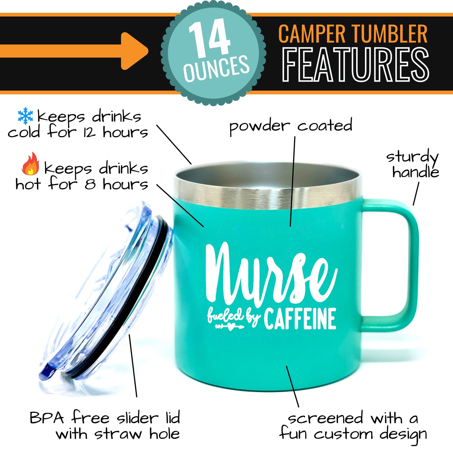 Nurse Caffeine 14 oz  Teal Camper Tumbler for Nurses