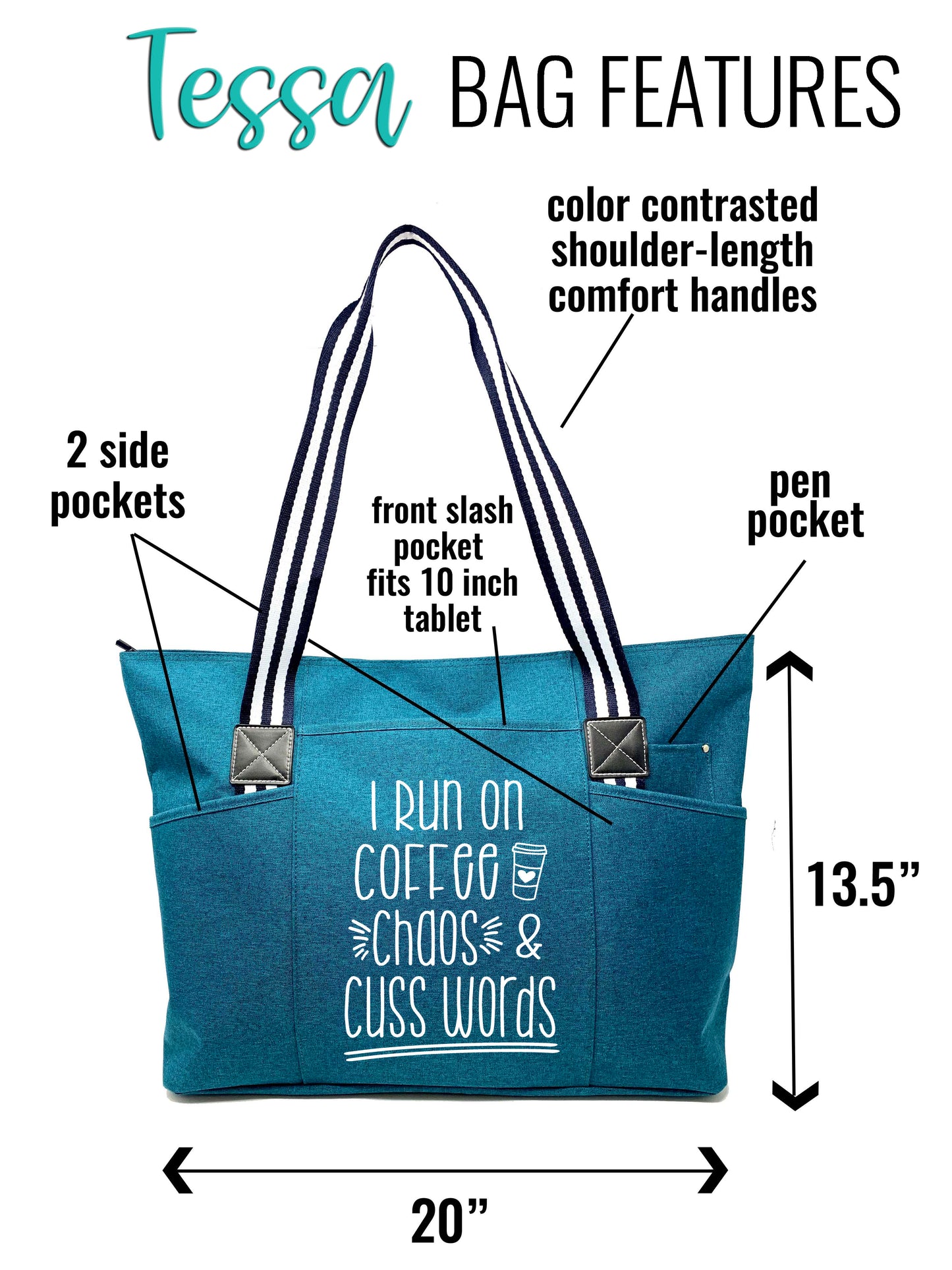 I Run on Coffee Chaos and Cuss Words Tessa Teal Tote Bag for Bosses