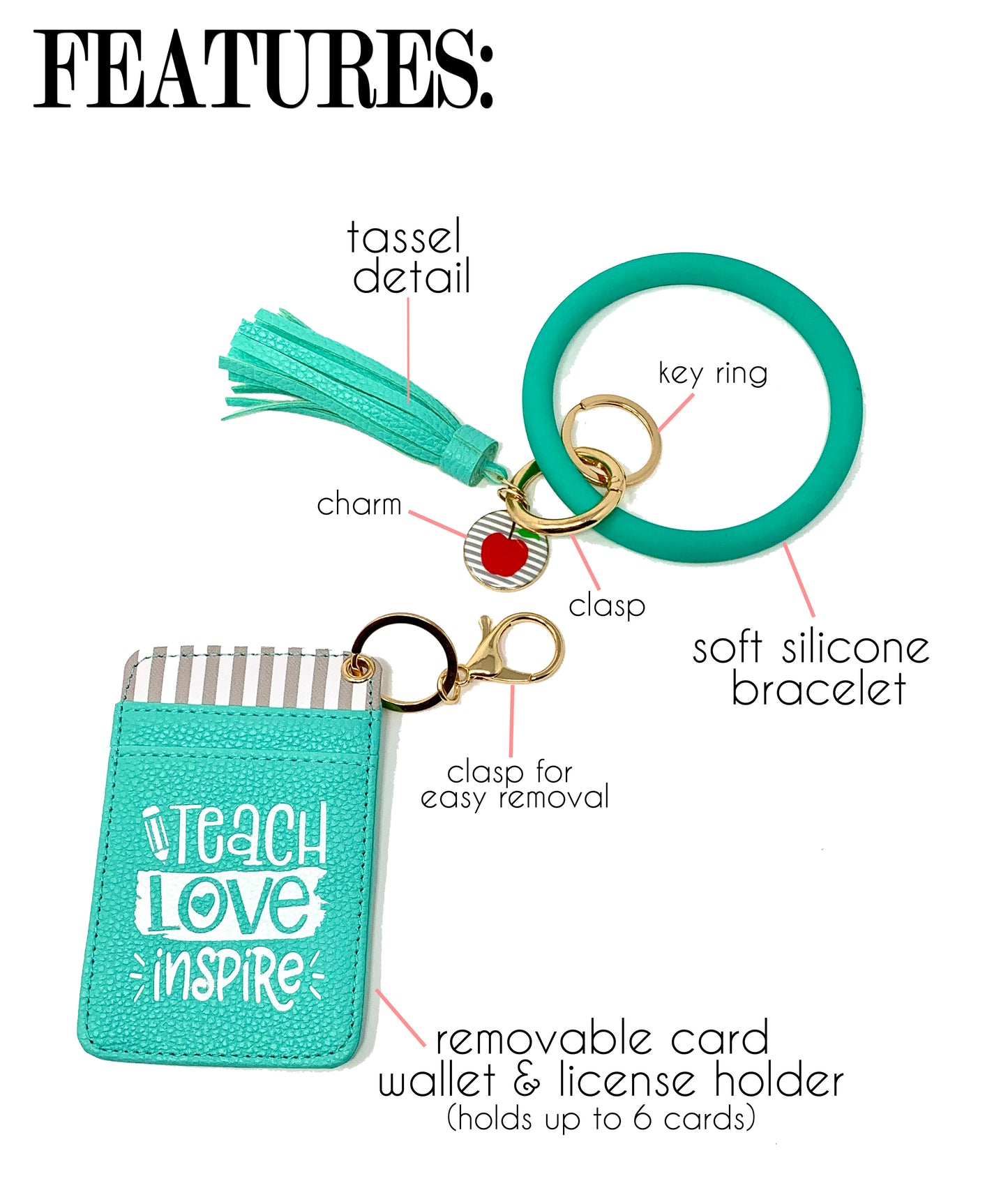 Teach Love Inspire Teal Silicone Bracelet Keychain Wallet for Teachers