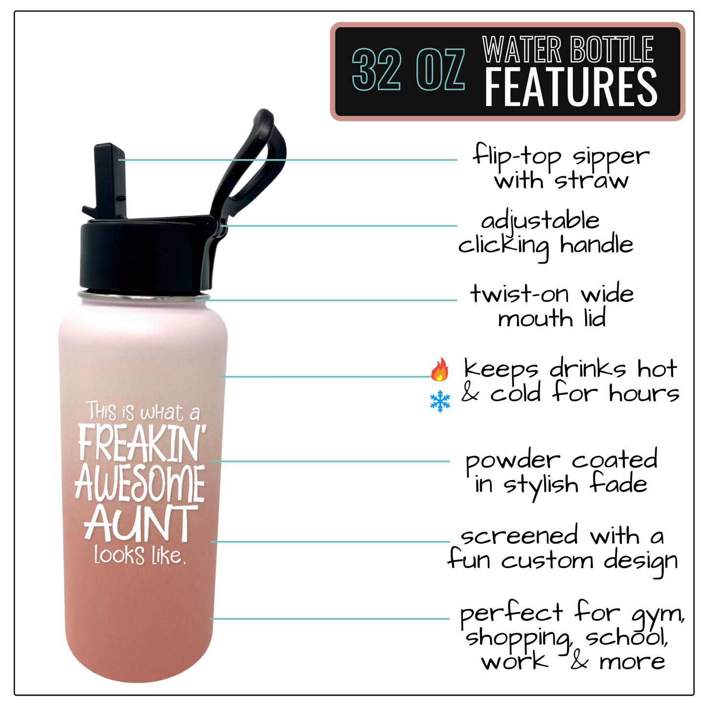 Freakin' Awesome Aunt 32 oz Rose Gold Water Bottle for Aunts