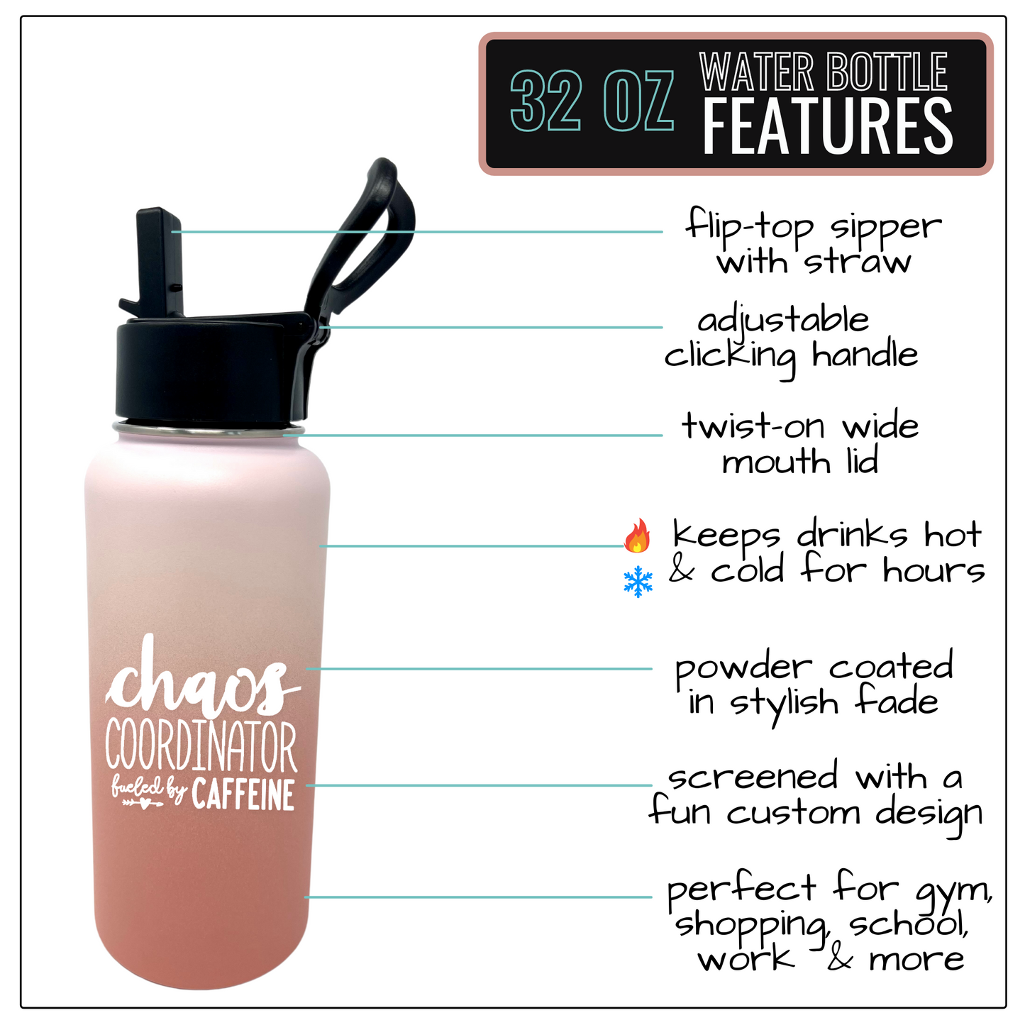 Chaos Coordinator Fueled by Caffeine 32 oz Rose Gold Water Bottle for Bosses