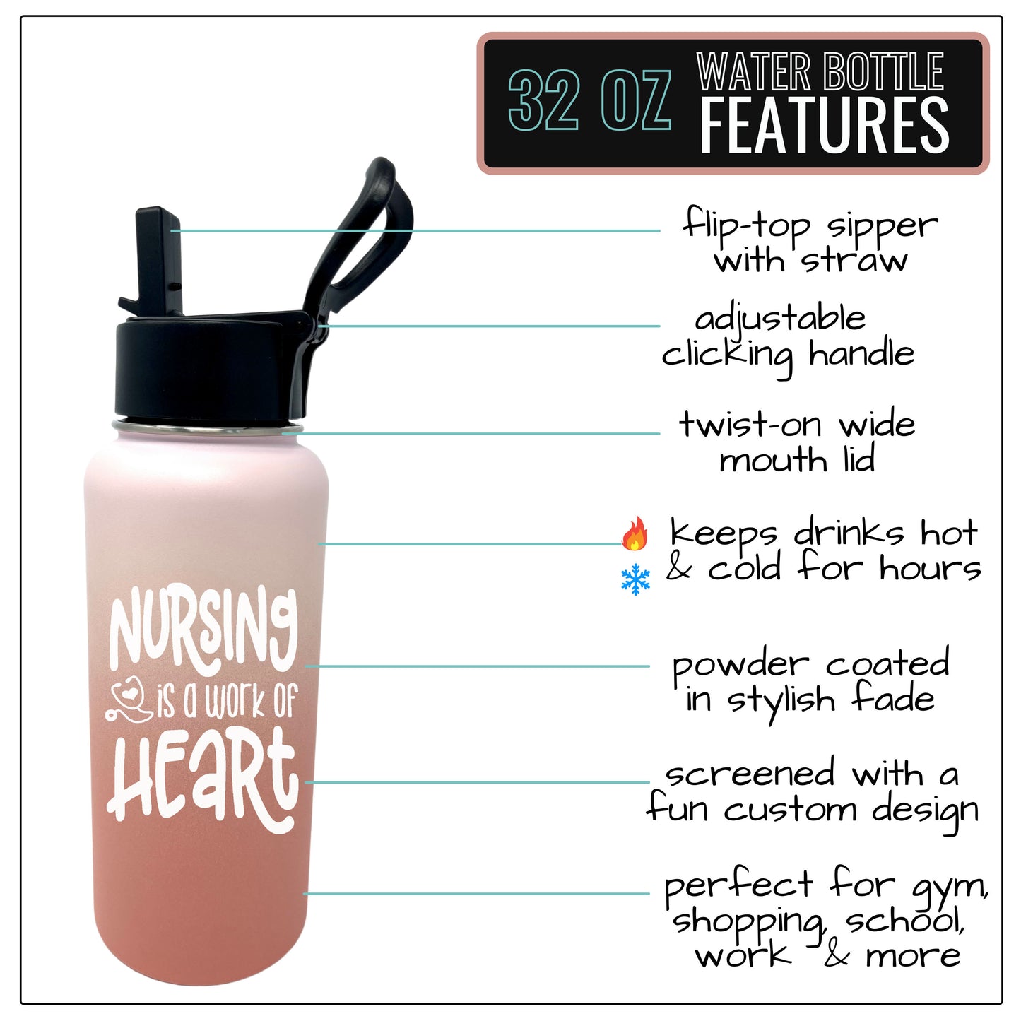 Nursing Work of Heart 32 oz Rose Gold Water Bottle for Nurses