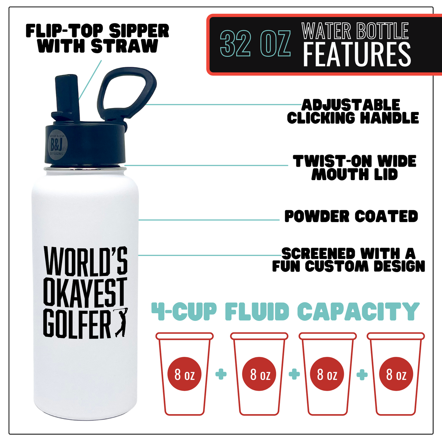 World's Okayest Golfer White 32 oz Water Bottle for Golfers